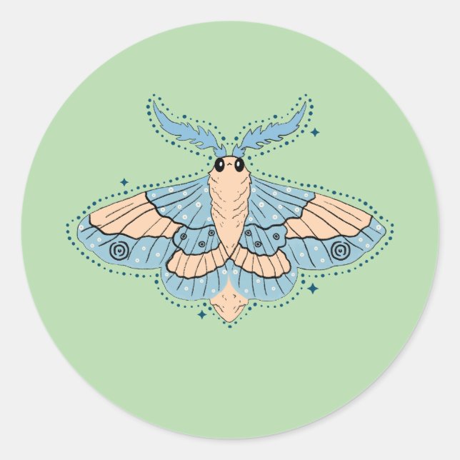 Whimsical Celestial Moth — Soft Blue & Peach Classic Round Sticker (Front)