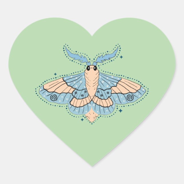 Whimsical Celestial Moth — Soft Blue & Peach Heart Sticker (Front)