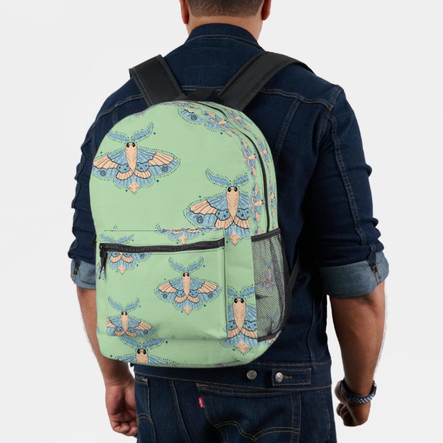 Whimsical Celestial Moth — Soft Blue & Peach Printed Backpack (Insitu (Model))