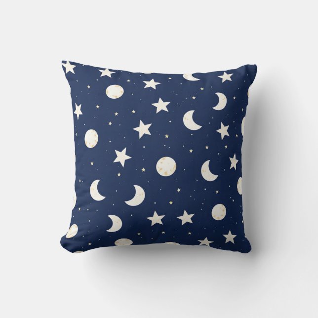 Whimsical Celestial Pattern of Moons and Stars Cushion (Front)