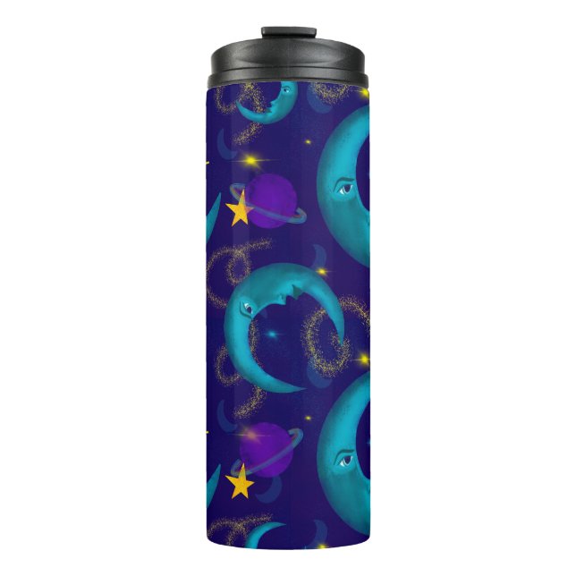 Whimsical Celestial Pattern With Blue Moons  Thermal Tumbler (Front)