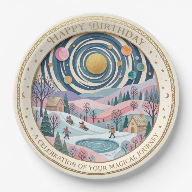 Whimsical Celestial Winter Birthday Spiral Paper Plate (Front)