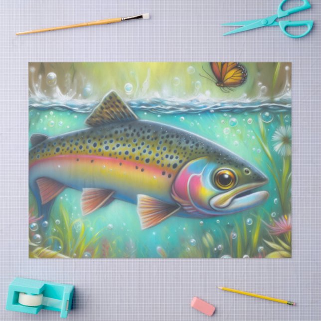 Whimsical Chalk-Pastel Trout Fish Decoupage  Tissue Paper (Craft)