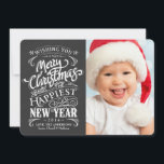 Whimsical Chalkboard Merry Christmas Photo Cards<br><div class="desc">Matching Postage: Rustic pub chalkboard style black background with elegant art deco frame, and retro subway art fancy word typography. Just add your favourite family photo or baby picture and customise the names and year. Click Customise button to change the font size or style to look like handwritten calligraphy signature....</div>