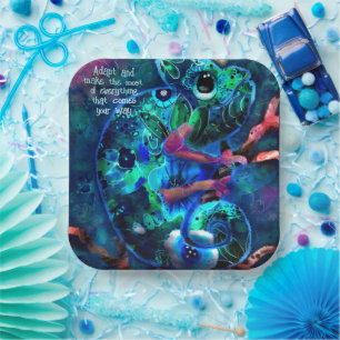 Whimsical Chameleon Blue Teal Floral Abstract Paper Plate
