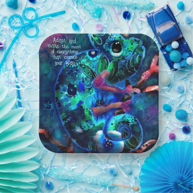 Whimsical Chameleon Blue Teal Floral Abstract Paper Plate (Party)