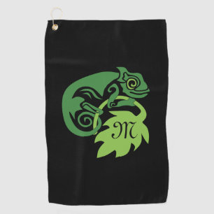 Whimsical Chameleon Climbing on Hops Monogram Golf Towel