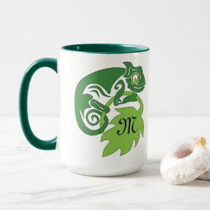 Whimsical Chameleon Climbing on Hops Monogram Mug