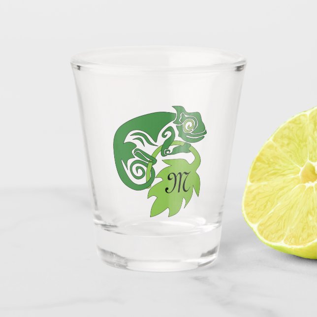 Whimsical Chameleon Climbing on Hops Monogram Shot Glass (Front)