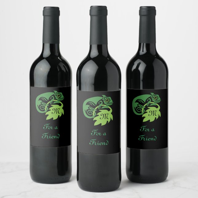 Whimsical Chameleon Climbing on Hops Monogram Wine Label (Bottles)