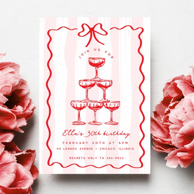 Whimsical Champagne Tower Bow Pink Stripe Birthday Invitation (Creator Uploaded)