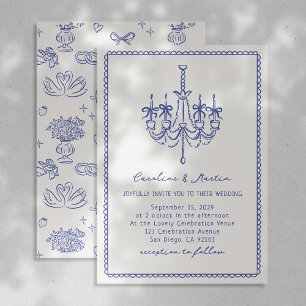 Whimsical chandelier, blue hand drawn wedding  invitation