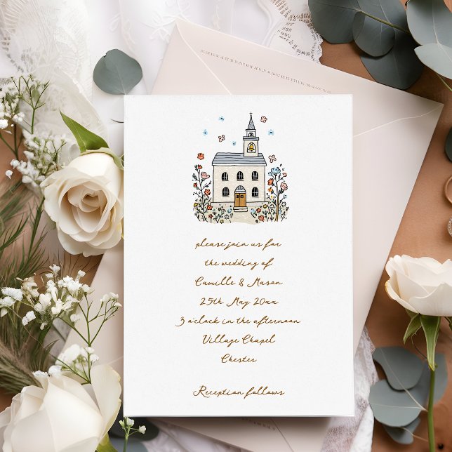 Whimsical Chapel Doodle Wedding Invitation (Creator Uploaded)