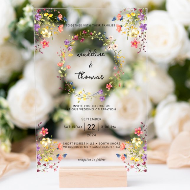 Whimsical Charm Wild Flower Wreath Photo Wedding Acrylic Invitations (Creator Uploaded)