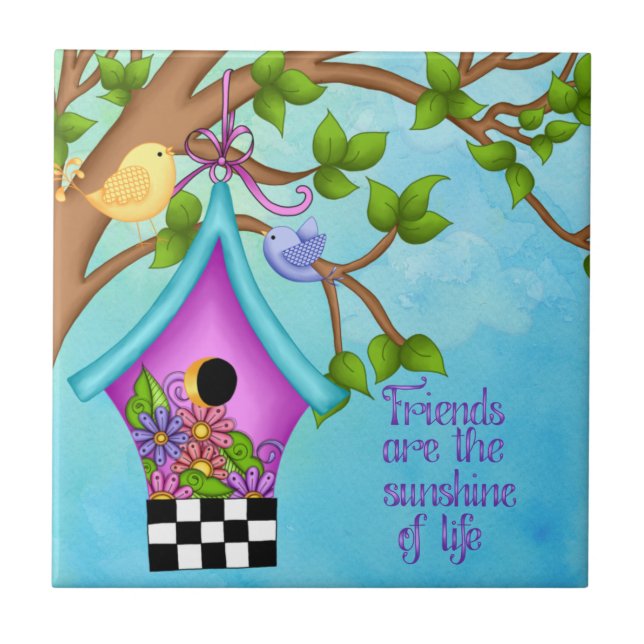 Whimsical Chequerboard Birdhouse Tile (Front)