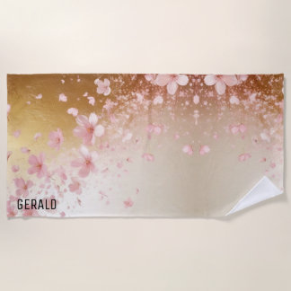 Whimsical Cherry Blossom Blizzard on Golden Beach Towel