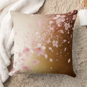 Whimsical Cherry Blossom Blizzard on Golden Cushion
