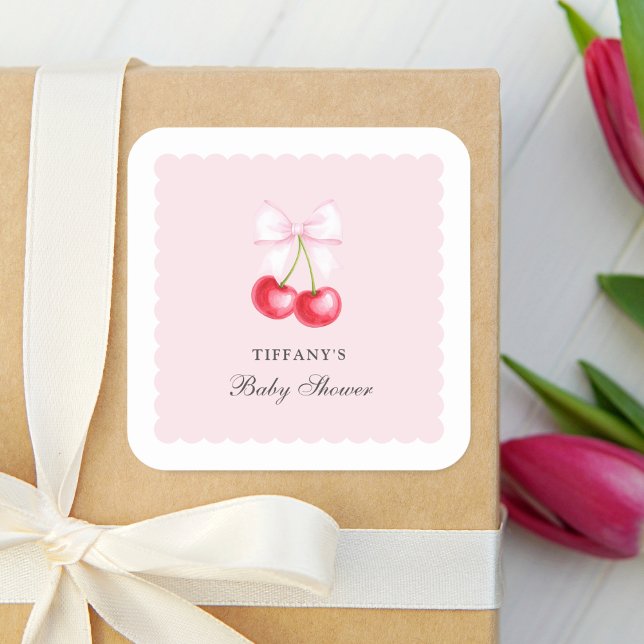 Whimsical Cherry On Top Girl Baby Shower Square Sticker (Creator Uploaded)