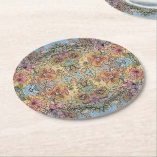 Whimsical Chic Flower Garden Watercolor Painting  Round Paper Coaster