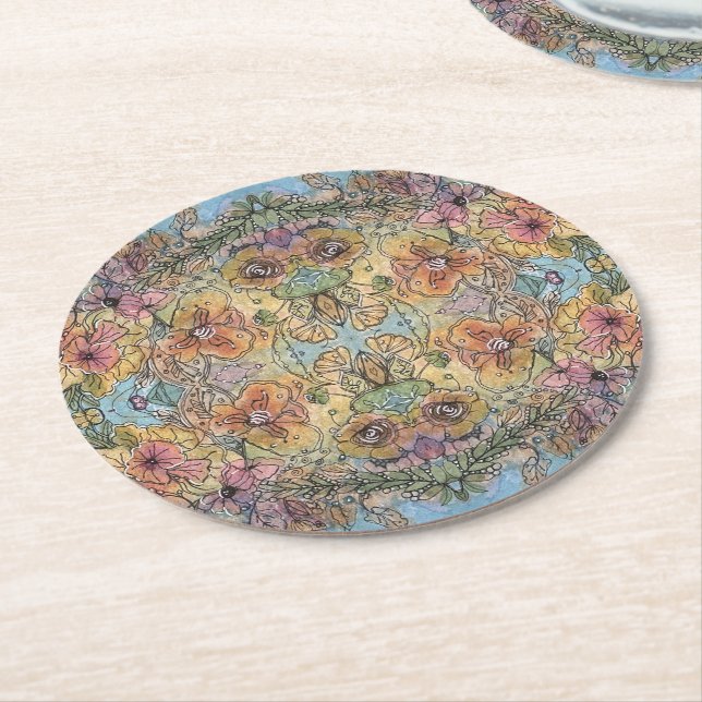 Whimsical Chic Flower Garden Watercolor Painting  Round Paper Coaster (Angled)