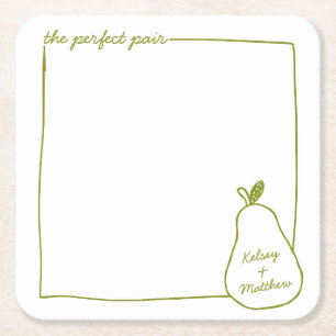 Whimsical & Chic Personalised Funny Pear Wedding  Square Paper Coaster