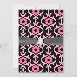 whimsical chic pink flower damask on black invitation