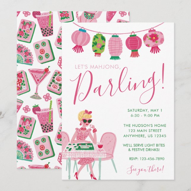 Whimsical Chic Pink & Green Mahjong Party Invitation (Front/Back)