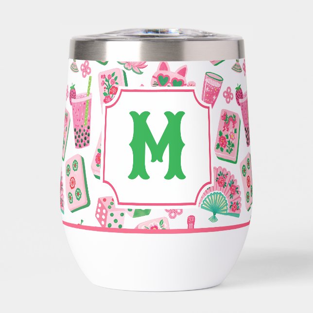 Whimsical Chic Pink & Green Mahjong Party Monogram (Front)