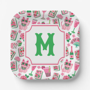 Whimsical Chic Pink & Green Mahjong Party Monogram Paper Plate