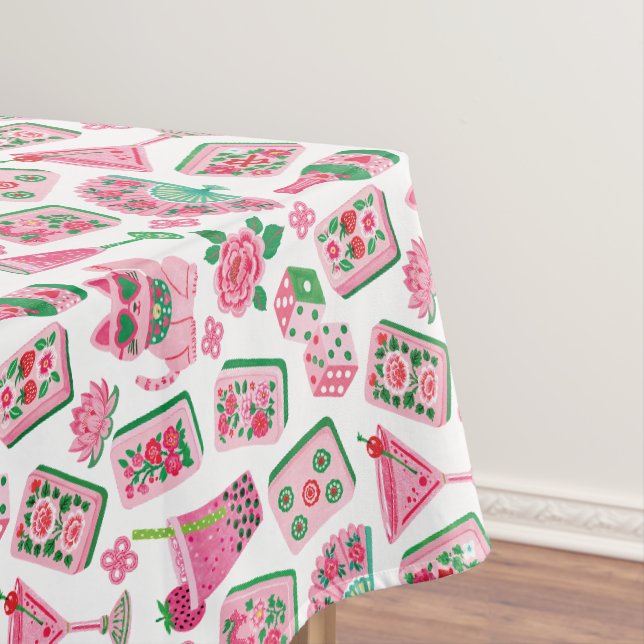 Whimsical Chic Pink & Green Mahjong Party Tablecloth (In Situ)