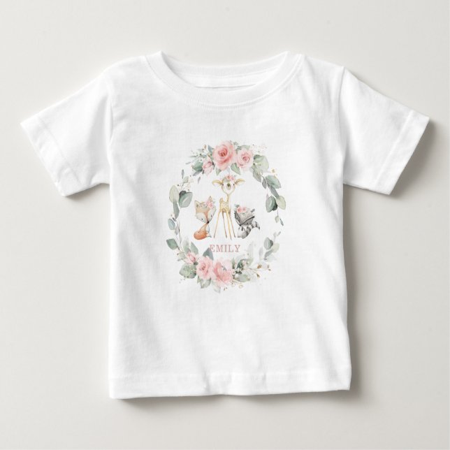 Whimsical Chic Woodland Blush Pink Floral Baby T-Shirt (Front)