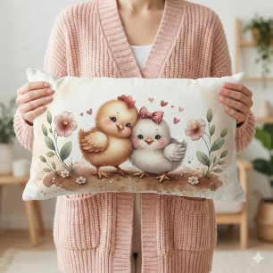 Whimsical Chick Duo Cottagecore Watercolor Lumbar Cushion