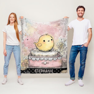 Whimsical Chick Floral Watercolor Art Fleece Blanket