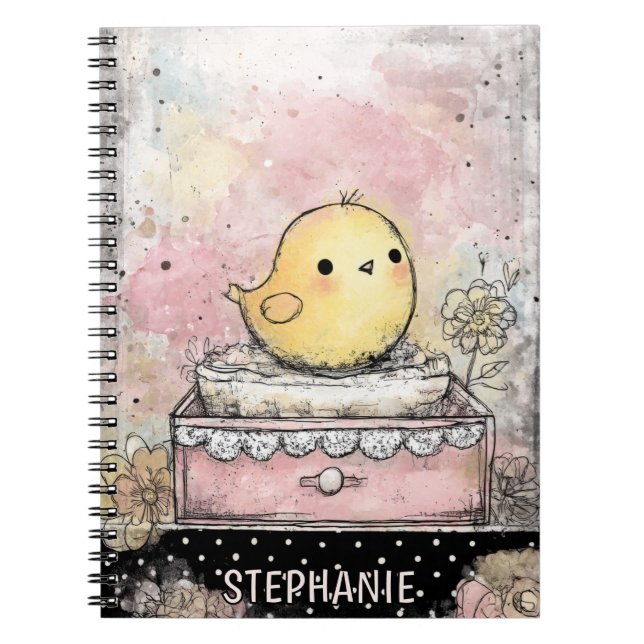 Whimsical Chick Floral Watercolor Art Notebook (Front)