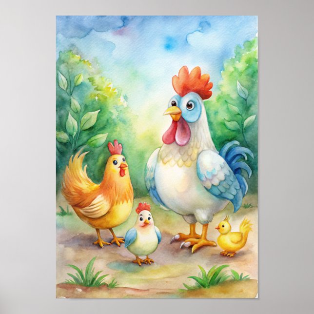 Whimsical Chicken Watercolor Poster (Front)