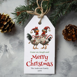 Whimsical Chickens Christmas Tag Cartoon Style