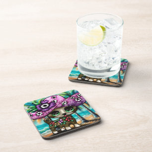 Whimsical Chihuahua Dog on Vacation Palm Trees Coaster