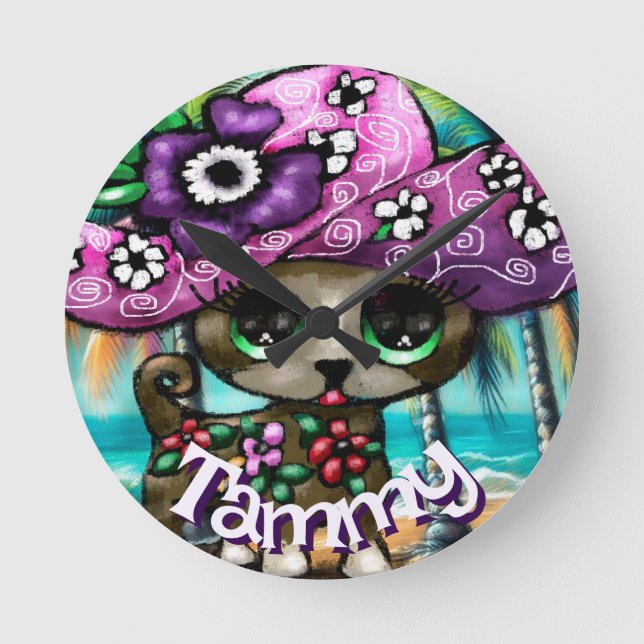 Whimsical Chihuahua Dog Palm Trees Personalised Round Clock (Front)