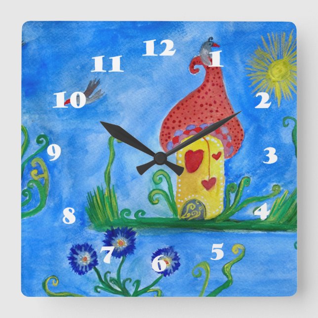 Whimsical Child Illustration Love House Wall Clock (Front)
