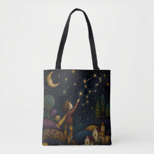 WHIMSICAL CHILD REACHING FOR STARS TOTE BAG
