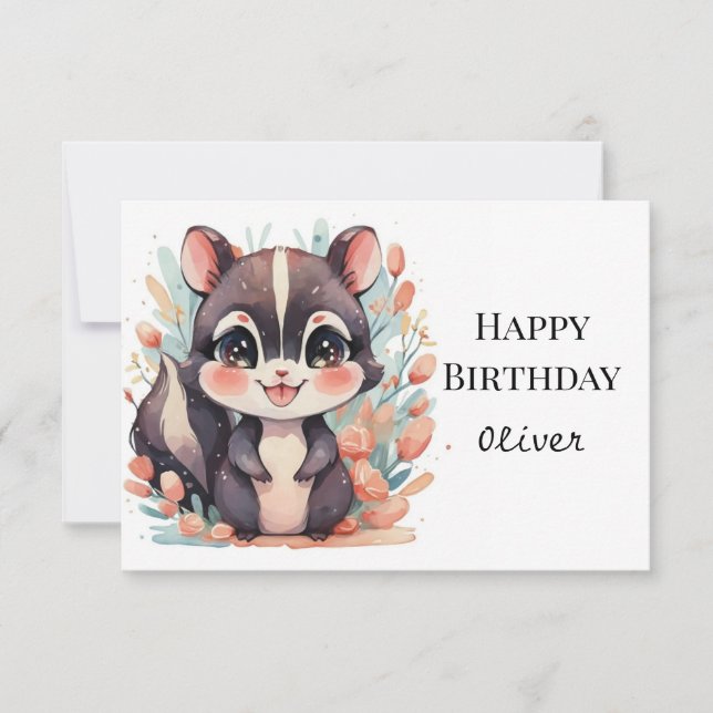 Whimsical Children's Skunk Birthday Card (Front)