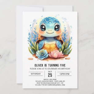 Whimsical Children's Watercolor Turtle Boy Birthda Invitation