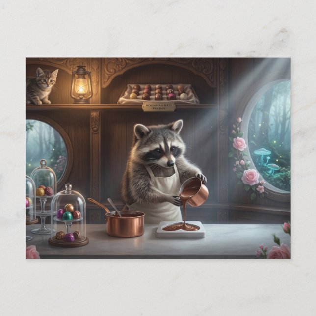Whimsical Chocolate Shop Diorama with Racoon  Postcard (Front)