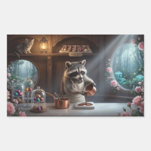 Whimsical Chocolate Shop Diorama with Racoon Rectangular Sticker