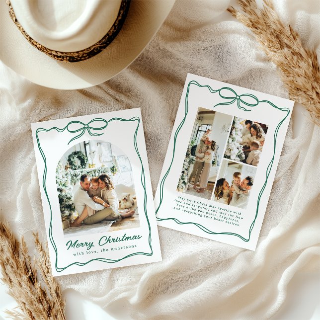 Whimsical Christmas 4 Photo Hand-Drawn Bow Ribbon Holiday Card (Creator Uploaded)