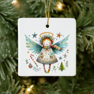 Whimsical Christmas Angel Modern Folk Art Style Ceramic Ornament