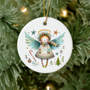 Whimsical Christmas Angel Modern Folk Art Style Ceramic Tree Decoration
