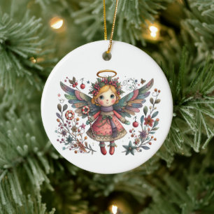  Whimsical Christmas Angel with Multi-colour Wings Ceramic Tree Decoration