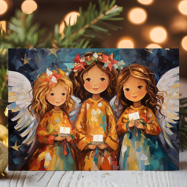 Whimsical Christmas Angels With Candles Holiday Card (Creator Uploaded)