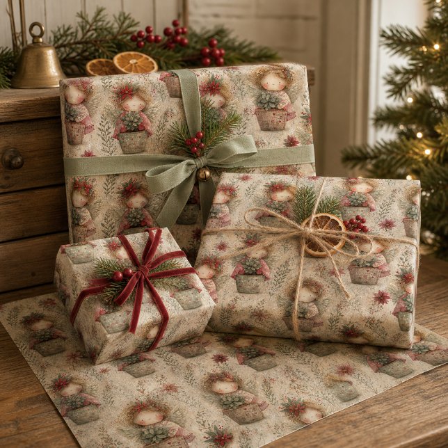 Whimsical Christmas Angle Garden Pattern Wrapping Paper Sheet (Creator Uploaded)